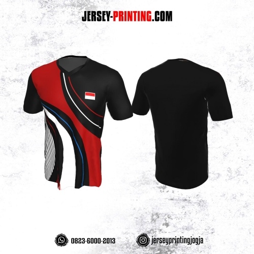 Jersey Badminton Hitam Corak Merah Putih
