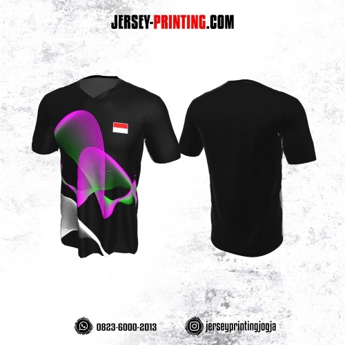 Jersey Badminton Hitam Corak Pink Hijau Putih