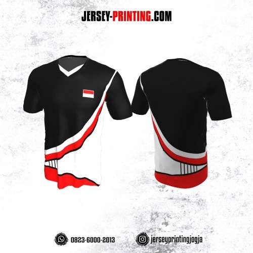 Jersey Badminton Hitam Corak Putih Merah
