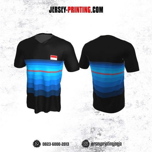 Jersey Badminton Hitam Corak Strip Gradasi Biru