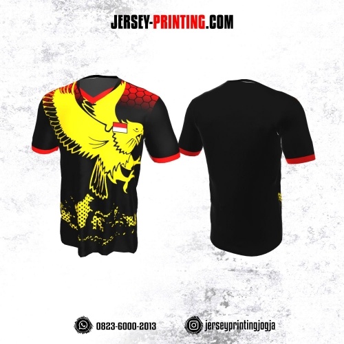 Jersey Badminton Hitam Merah Motif Burung Garuda dan Peta Indonesia Kuning