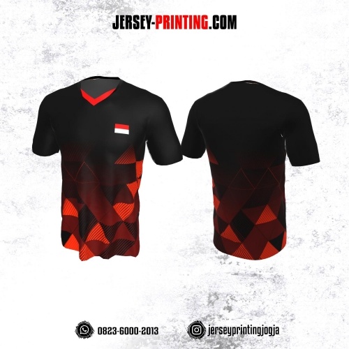 Jersey Badminton Hitam Merah Motif Geometric Stripe