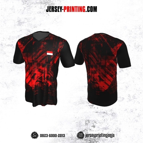 Jersey Badminton Hitam Merah Motif Grunge