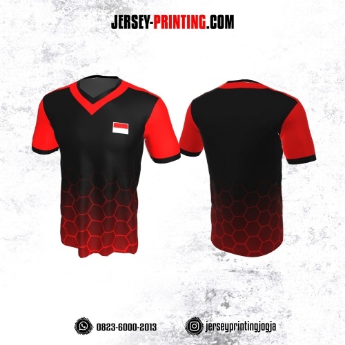 Jersey Badminton Hitam Merah Motif Honeycomb