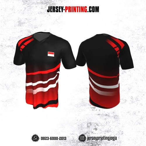 Jersey Badminton Hitam Merah Putih Motif Line