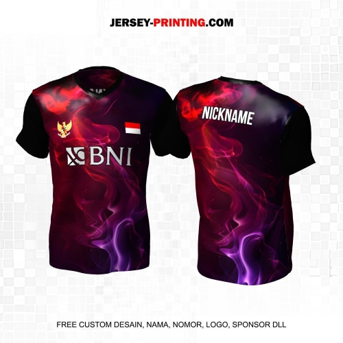 Jersey Badminton Hitam Merah Ungu Motif Asap 92