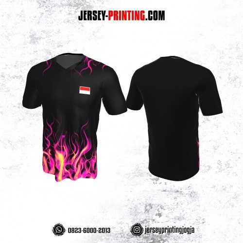 Jersey Badminton Hitam Motif Api Pink Kuning