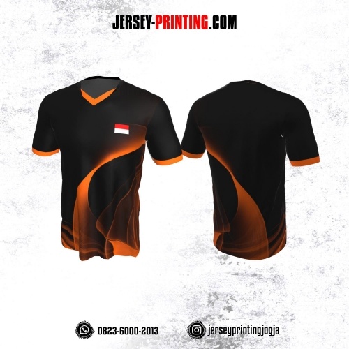 Jersey Badminton Hitam Motif Asap Orange