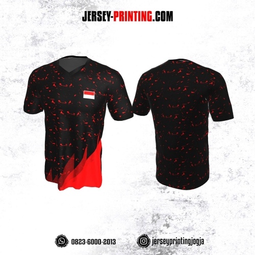 Jersey Badminton Hitam Motif Bercak Merah