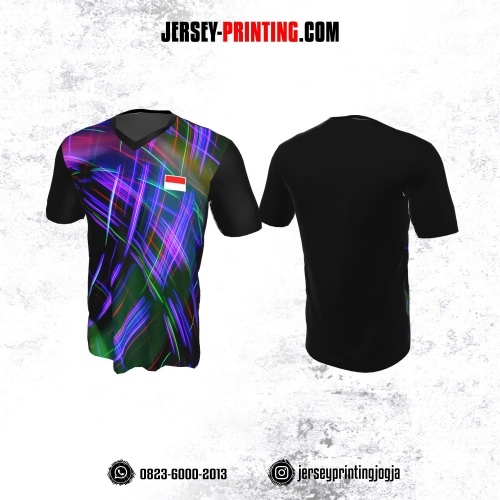 Jersey Badminton Hitam Motif Garis Abstrak Ungu Hijau Neon