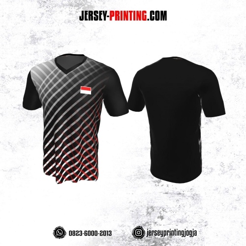 Jersey Badminton Hitam Motif Garis Putih Merah