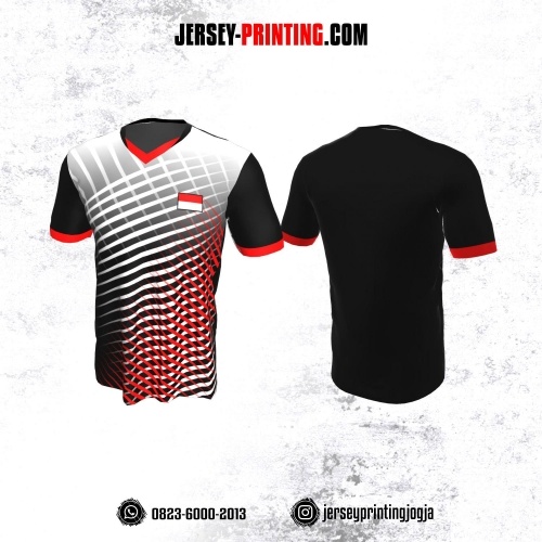 Jersey Badminton Hitam Motif Garis Putih Merah