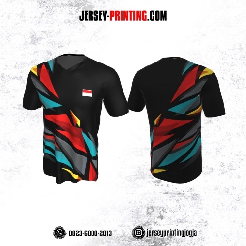 Jersey Badminton Hitam Motif Geometris Merah Biru