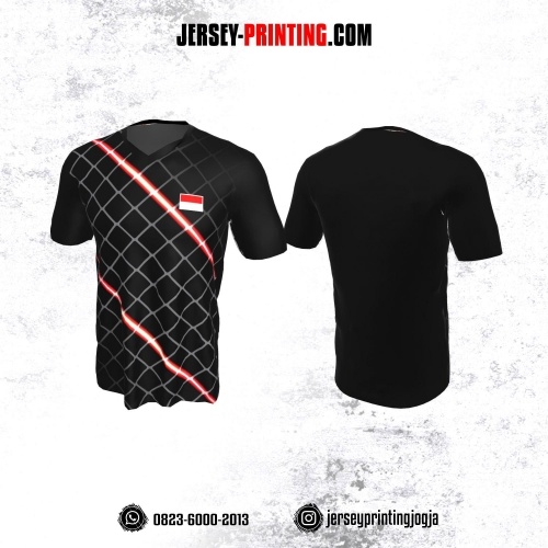 Jersey Badminton Hitam Motif Jaring Abu-abu Line Merah