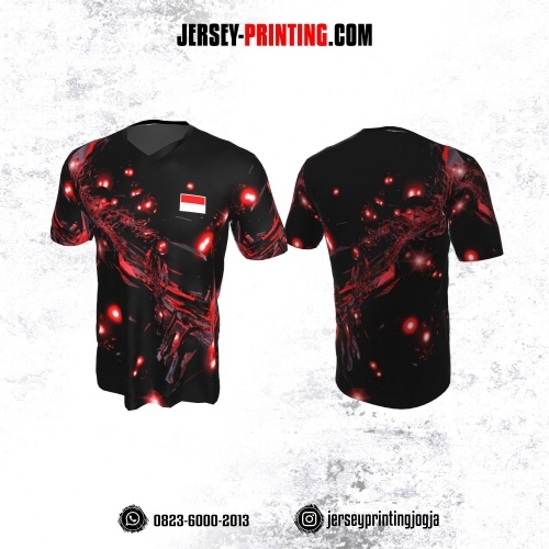 Jersey Badminton Hitam Motif Light Glow Merah