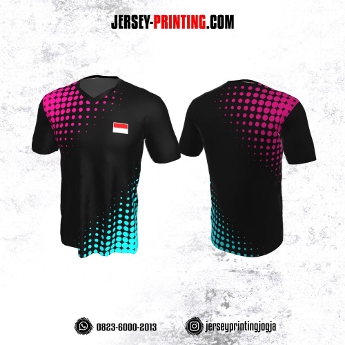 Jersey Badminton Hitam Motif Polkadot Pink Tosca