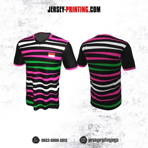 Jersey Badminton Hitam Motif Salur Pink Hijau Putih