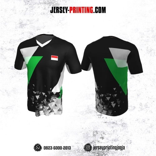 Jersey Badminton Hitam Motif Segitiga Putih Hijau