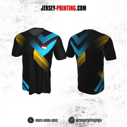 Jersey Badminton Hitam Motif Shape Abstract Biru Kuning