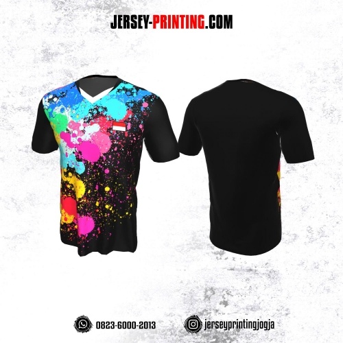 Jersey Badminton Hitam Motif Splash Tinta Biru Pink Kuning