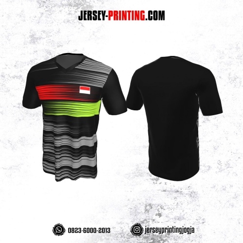 Jersey Badminton Hitam Motif Strip Abu-abu Merah Hijau