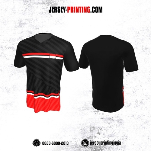 Jersey Badminton Hitam Motif Strip Abu-abu Merah Putih