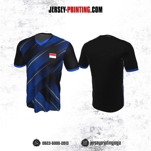 Jersey Badminton Hitam Motif Strip Diagonal Biru Kuning