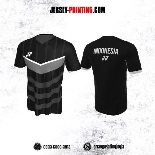Jersey Badminton Hitam Motif Stripe Abu-abu Putih