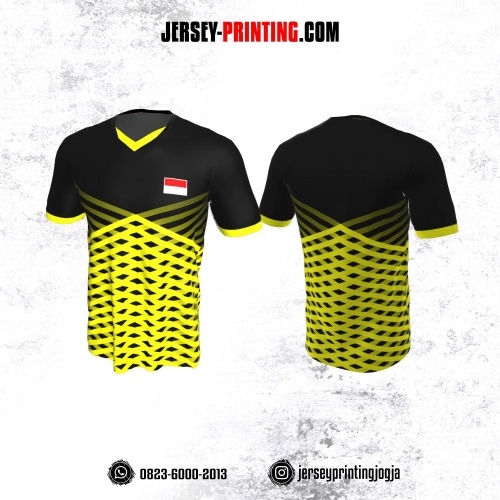 Jersey Badminton Hitam Motif Stripe Silang Kuning