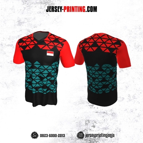 Jersey Badminton Hitam Motif Trigonal Merah Teal