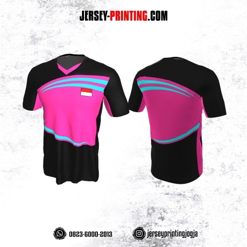Jersey Badminton Hitam Pink Line Biru