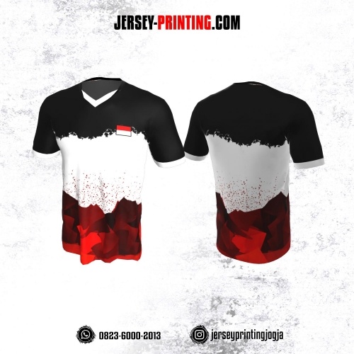 Jersey Badminton Hitam Putih Merah Motif Bercak