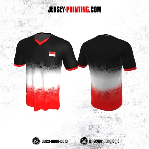 Jersey Badminton Hitam Putih Merah Motif Splash Tinta