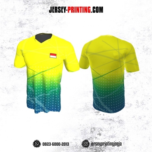Jersey Badminton Kuning Biru Hijau Motif Geometris