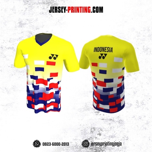Jersey Badminton Kuning Biru Merah Putih Motif Geometris