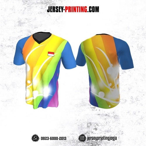 Jersey Badminton Kuning Biru Orange Motif Light Glow Putih