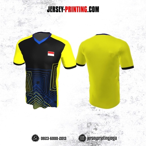 Jersey Badminton Kuning Hitam Biru Motif Geometris