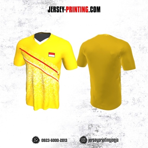 Jersey Badminton Kuning Motif Bercak Putih Line Merah