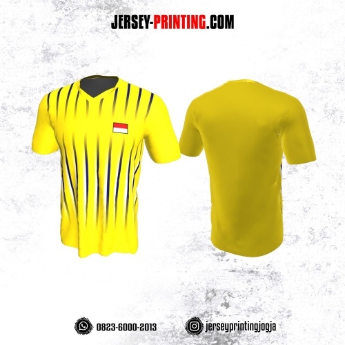 Jersey Badminton Kuning Motif Garis Biru Putih