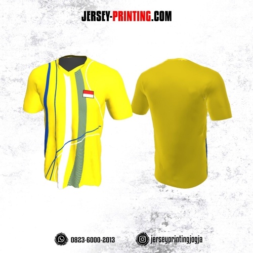 Jersey Badminton Kuning Motif Garis Navy Putih