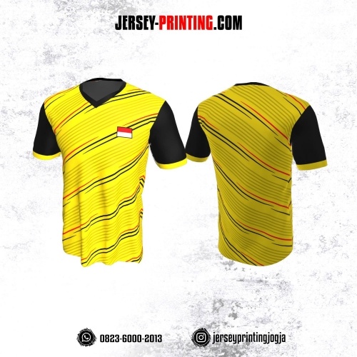Jersey Badminton Kuning Motif Line Hitam Merah