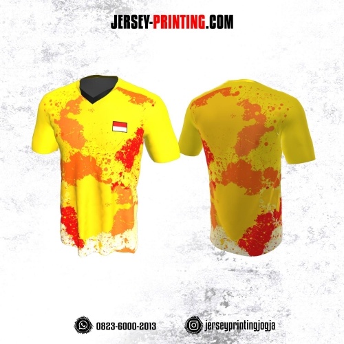 Jersey Badminton Kuning Motif Splash Tinta Orange Merah