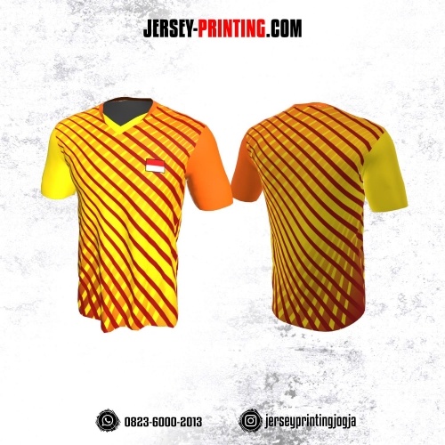 Jersey Badminton Kuning Orange Motif Strip Merah