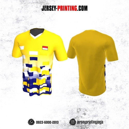 Jersey Badminton Kuning Putih Ungu Motif Geometris