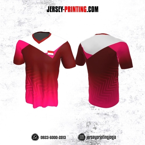 Jersey Badminton Maroon Pink Putih Motif Zigzag