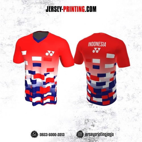 Jersey Badminton Merah Biru Putih Motif Geometris