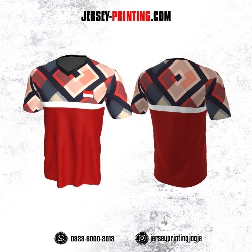 Jersey Badminton Merah Biru Putih Motif Kotak-kotak