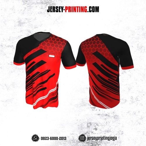 Jersey Badminton Merah Corak Hitam Honeycomb