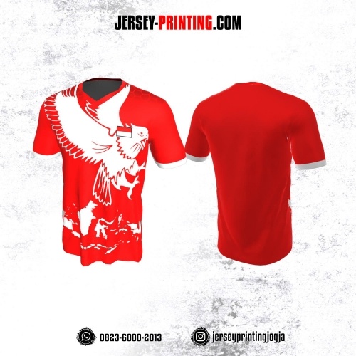Jersey Badminton Merah Motif Burung Garuda dan Peta Indonesia Putih