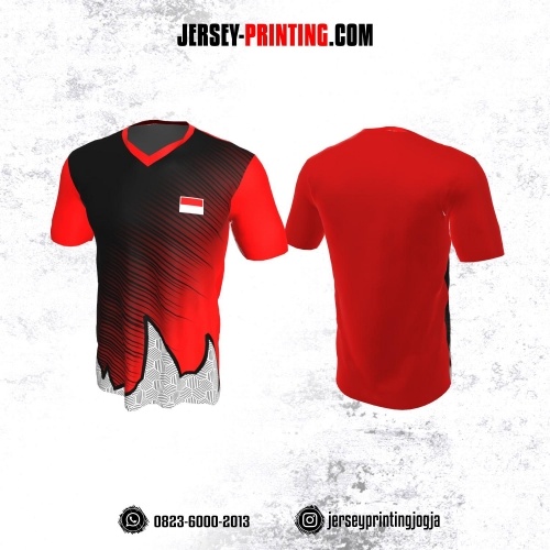 Jersey Badminton Merah Motif Garis Abstrak Hitam Putih